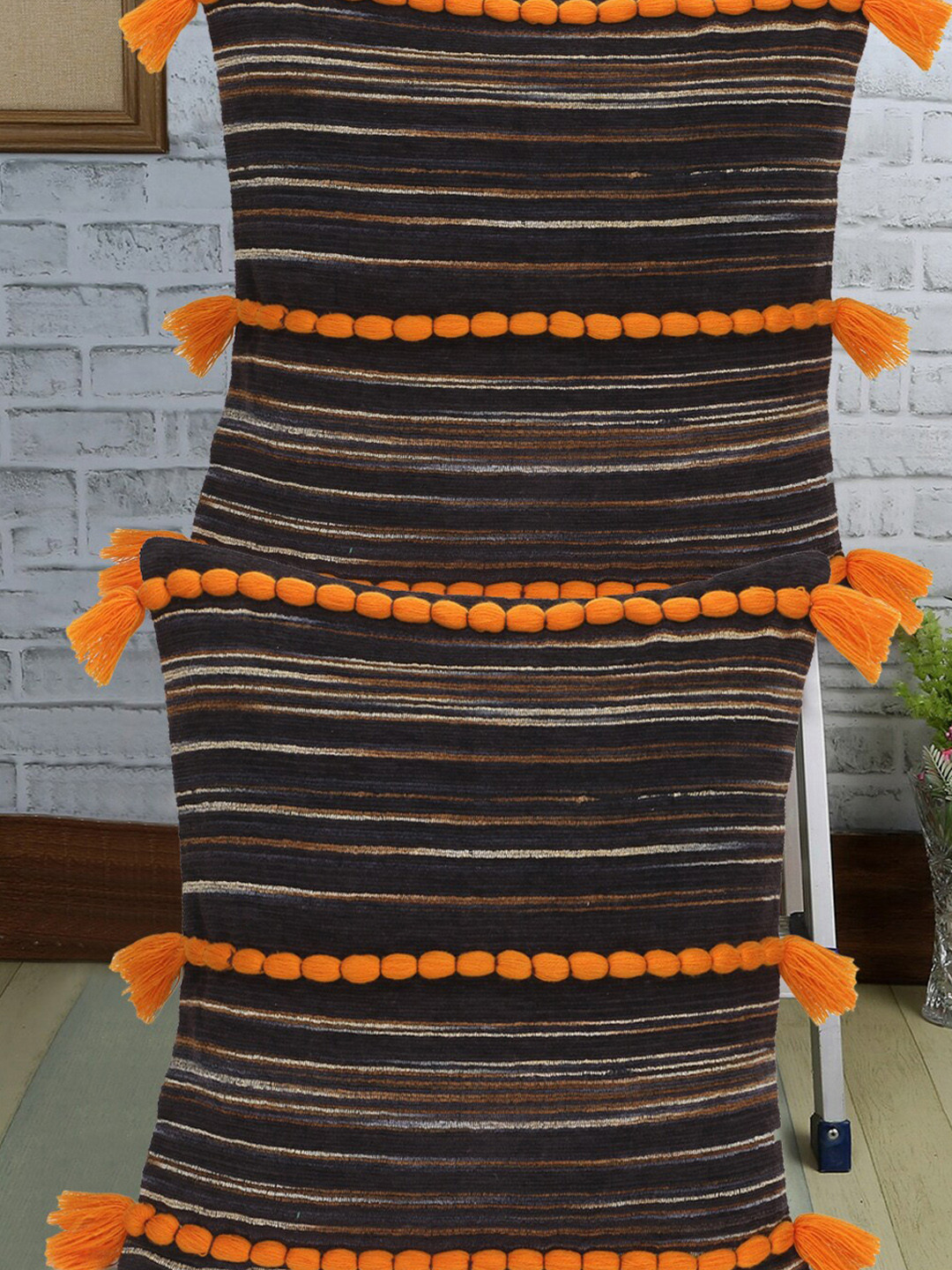 Mezposh Brown & Rust Set of 2 Self Design Tasselled Square Cushion Covers