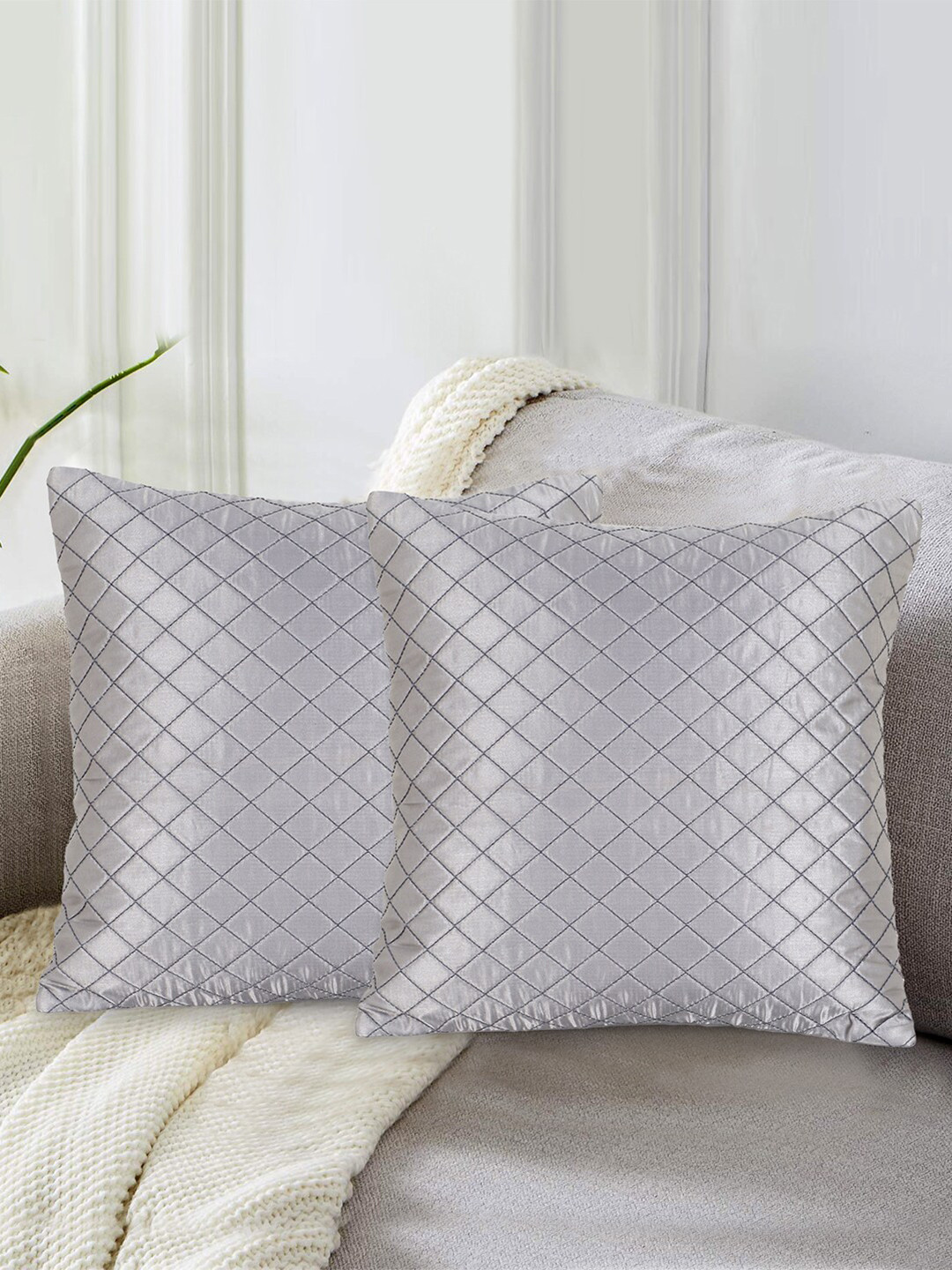 Mezposh Grey Checked Satin Quilted 2 Piece Square Cushion Covers -16x16In