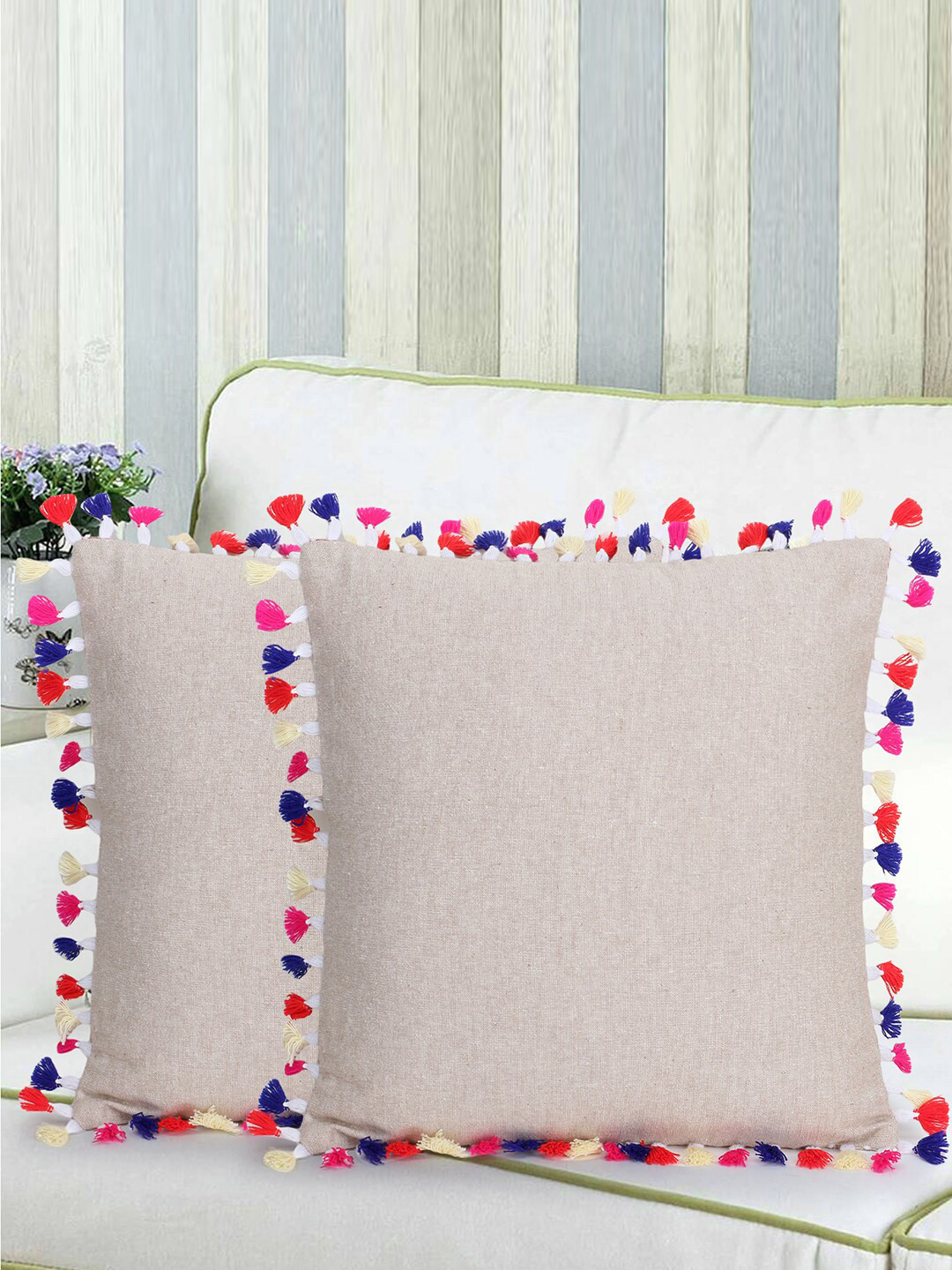 Mezposh Tasselled Cream Polyester Silk Washable 2 Piece Square Cushion Covers -16x16In