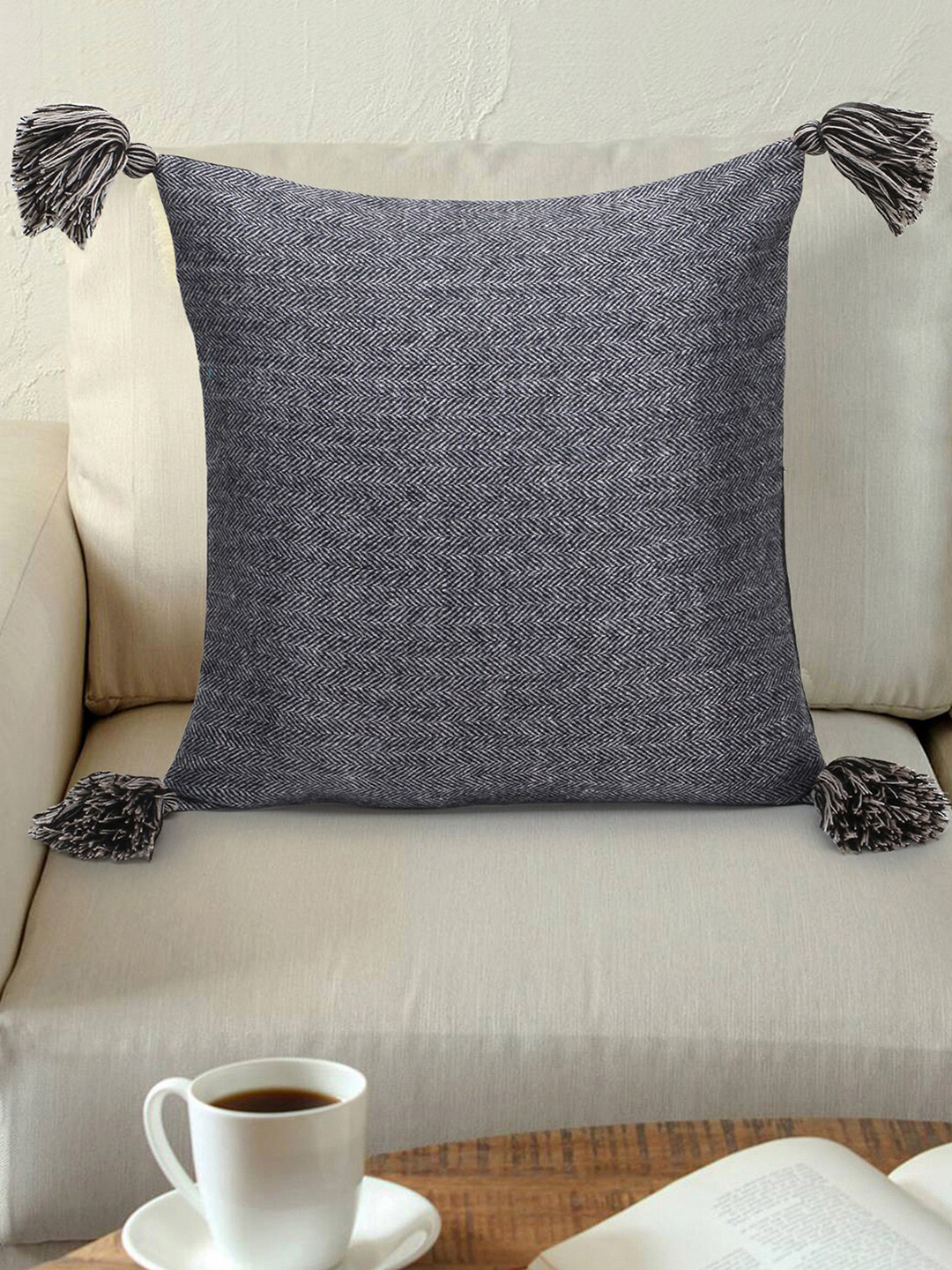 Mezposh Grey Single Self Design Square Cushion Covers