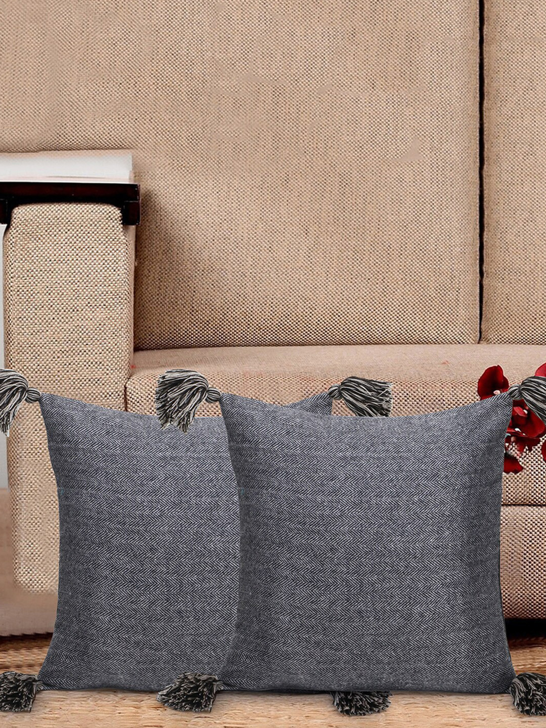 Mezposh Grey Wool Washable 2 Piece Textured Square Cushion Covers -16x16In