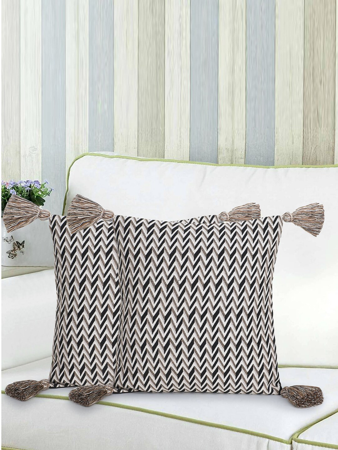 Mezposh Chevron Jacquard Handcrafted 2 Pcs Textured Square Cushion Covers -16x16In