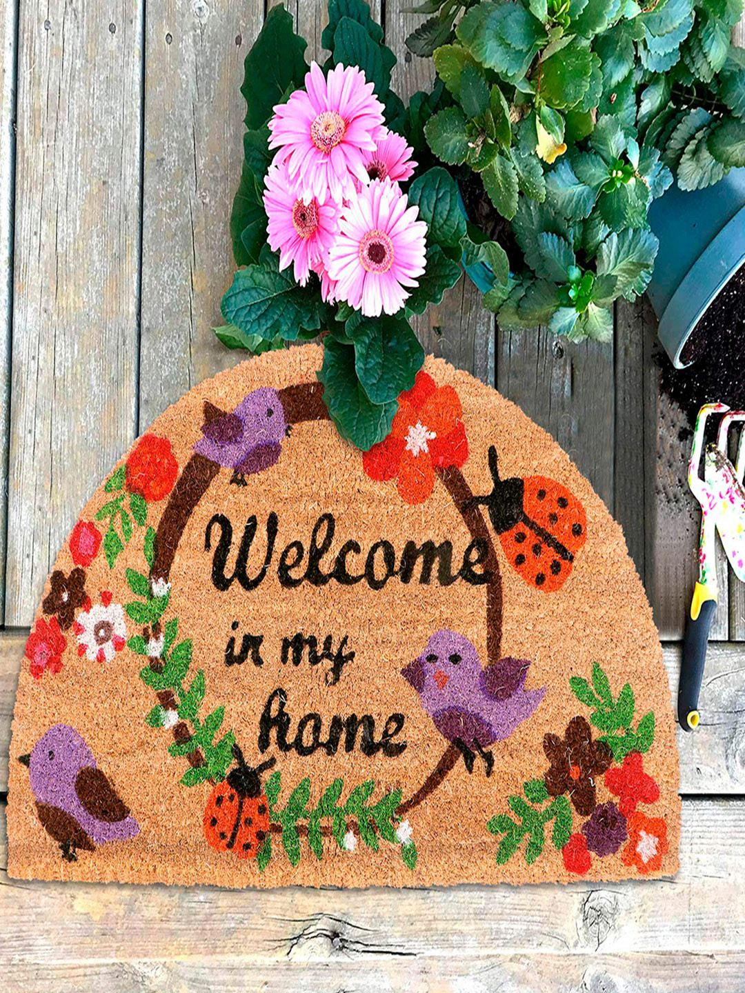 HOKIPO Beige & Orange Printed Coir Anti-Skid Eco-Friendly Doormat