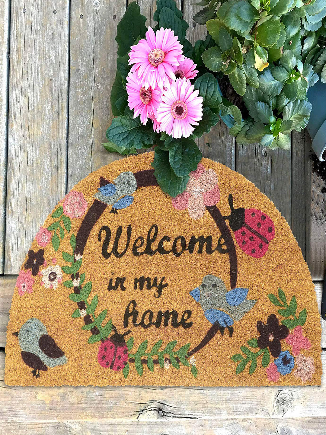 HOKIPO Brown & Green Floral Printed Coir Anti-Skid Doormat
