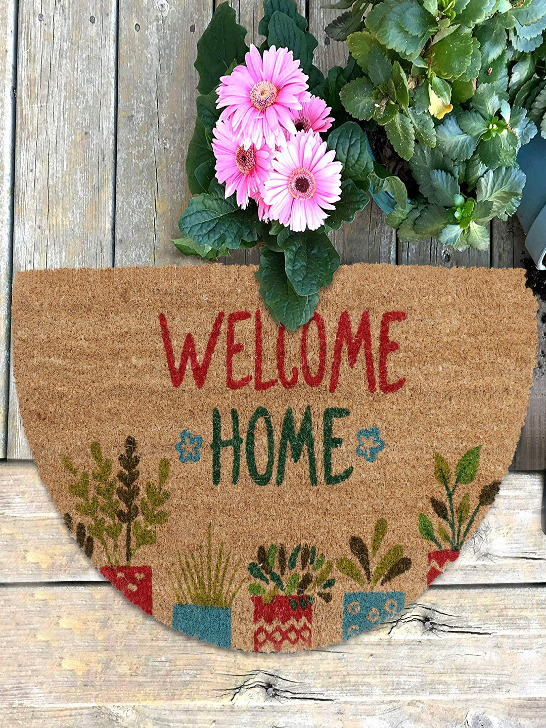 HOKIPO Brown & Red Printed Anti-Skid Coconut Coir Doormat
