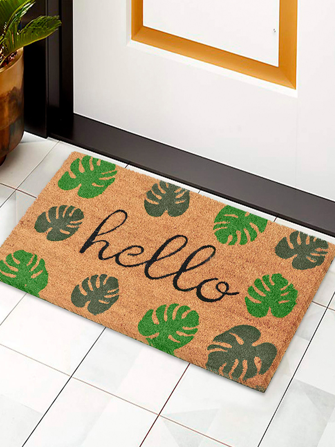 HOKIPO Brown & Green Leaf Printed Coconut Anti-Skid Doormat