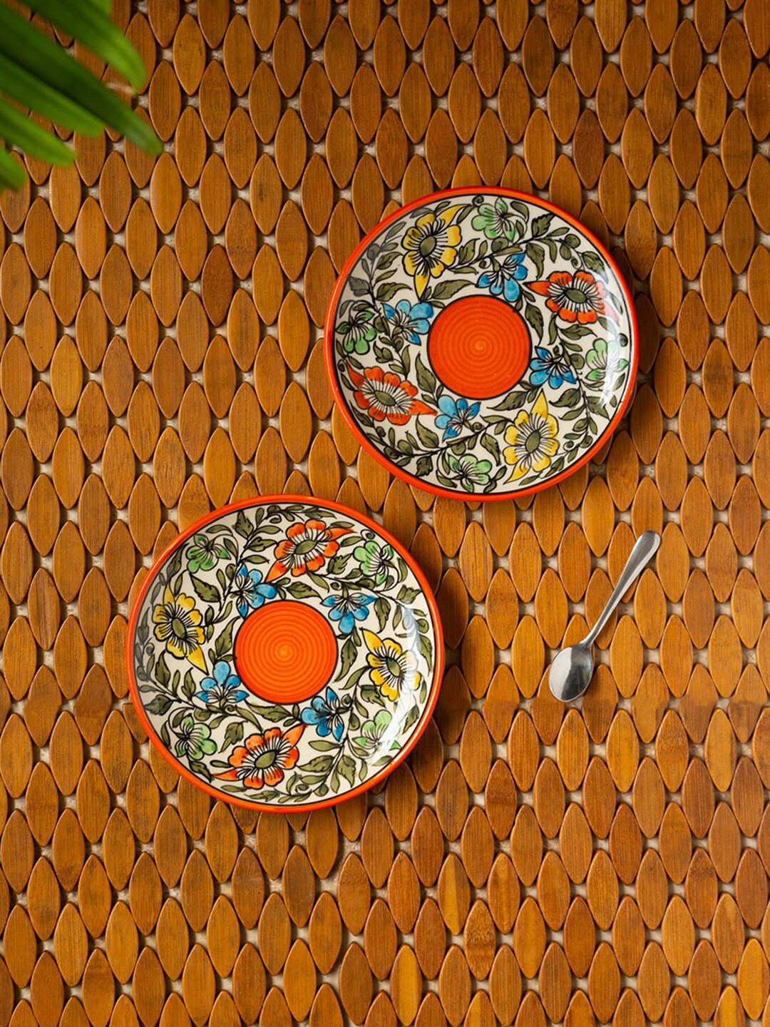 ExclusiveLane Set of 2 Orange Handpainted Ceramic Quarter Plates