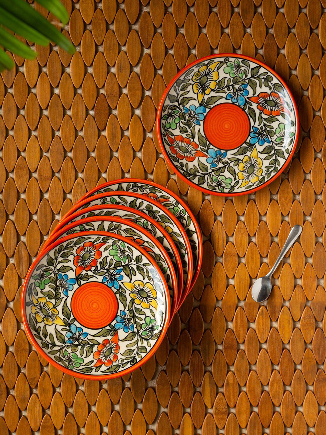 ExclusiveLane White & Green Set of 6 Hand-Painted Ceramic Microwave Quarter Plates