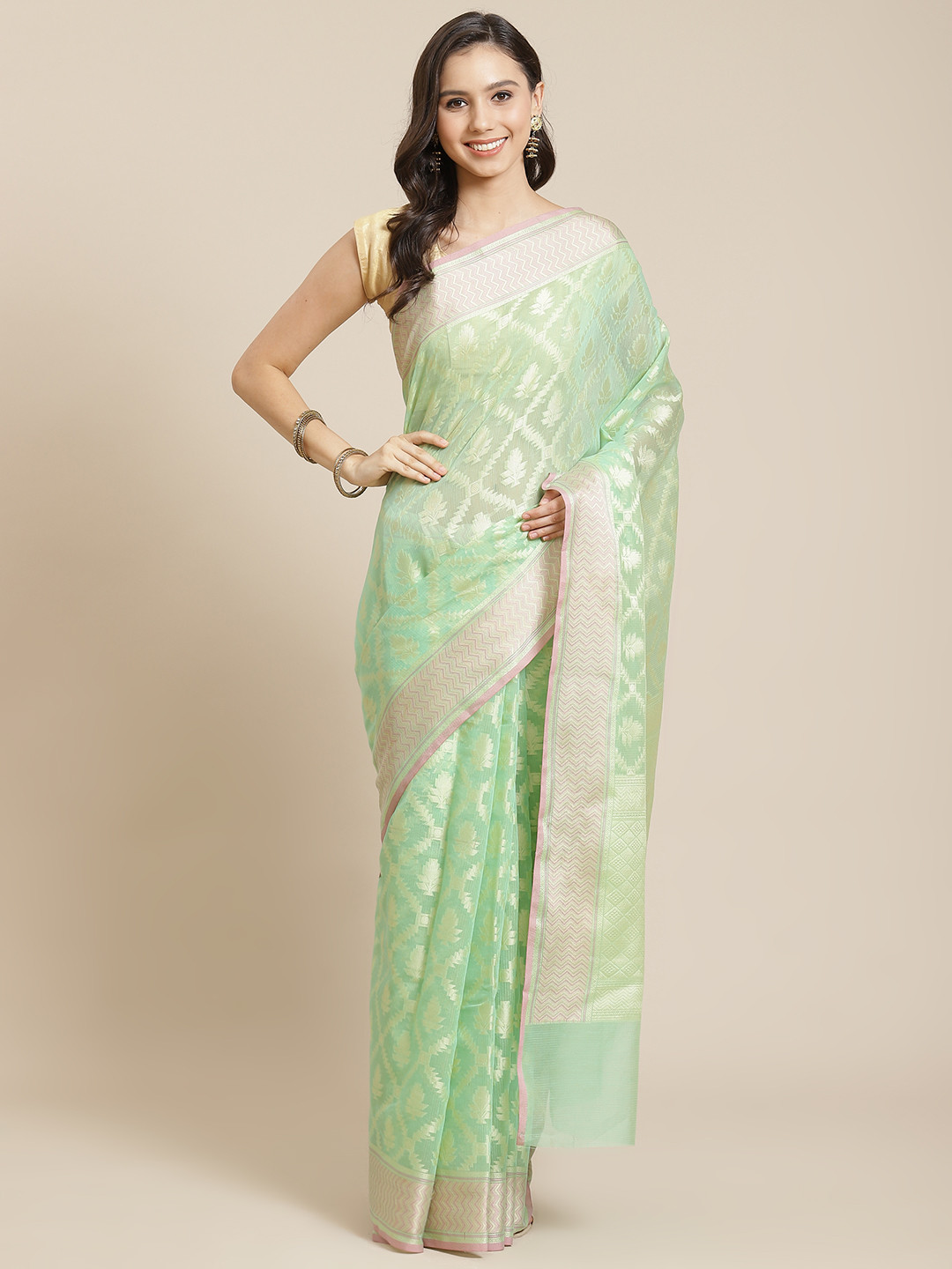Mitera Sea Green & Golden Liva Ethnic Motifs Woven Design Banarasi Saree