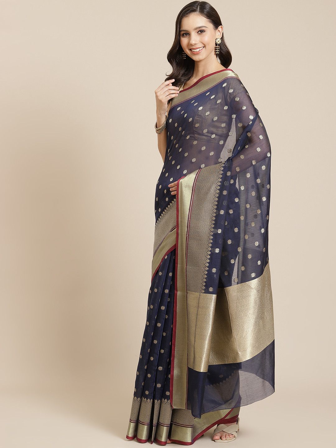 Mitera Navy Blue & Golden Liva Ethnic Motifs Woven Design Banarasi Saree