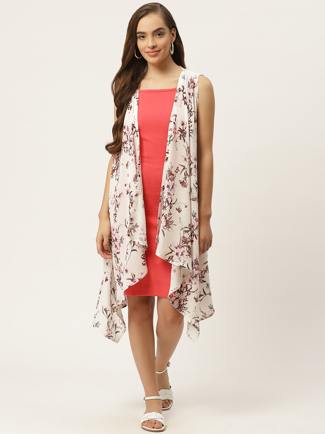 Rue Collection Women White & Burgundy Printed Open Front Waterfall Shrug