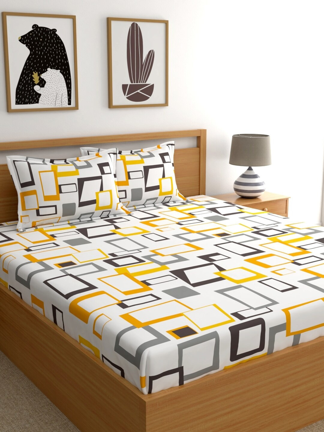 Home Ecstasy White Geometric Cotton Skin-Friendly 140 TC Fitted King Bedsheet with 2 Pillow Covers-183 x 198 cm