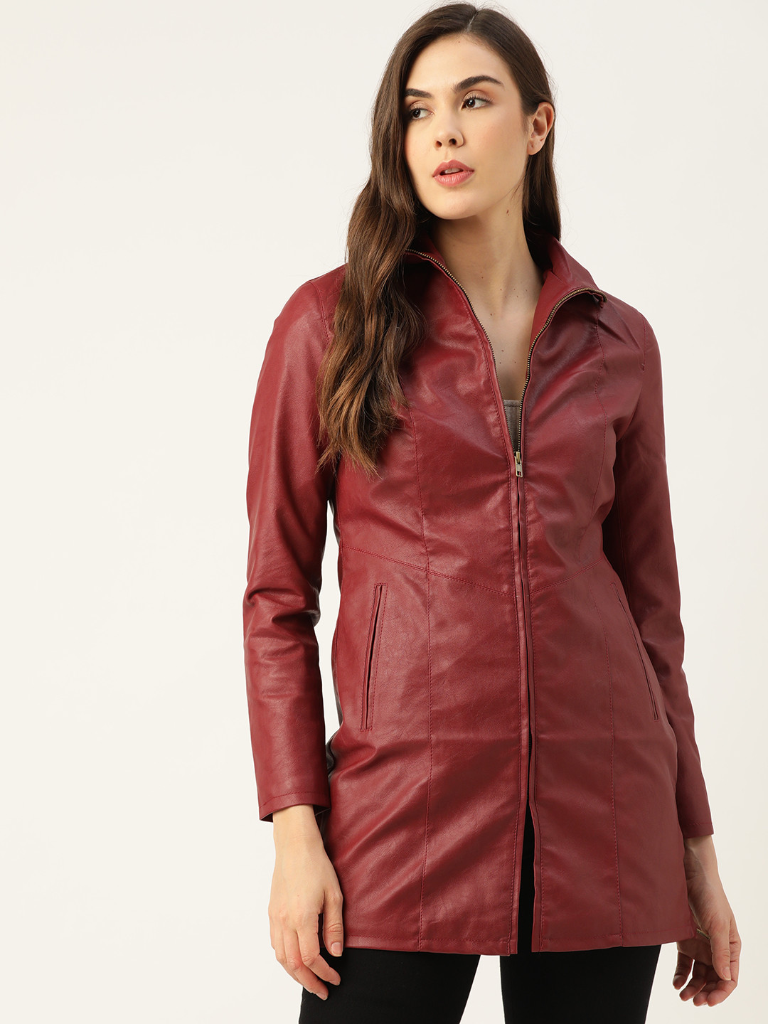 Leather Retail Women Red Lightweight Longline Faux Leather Jacket