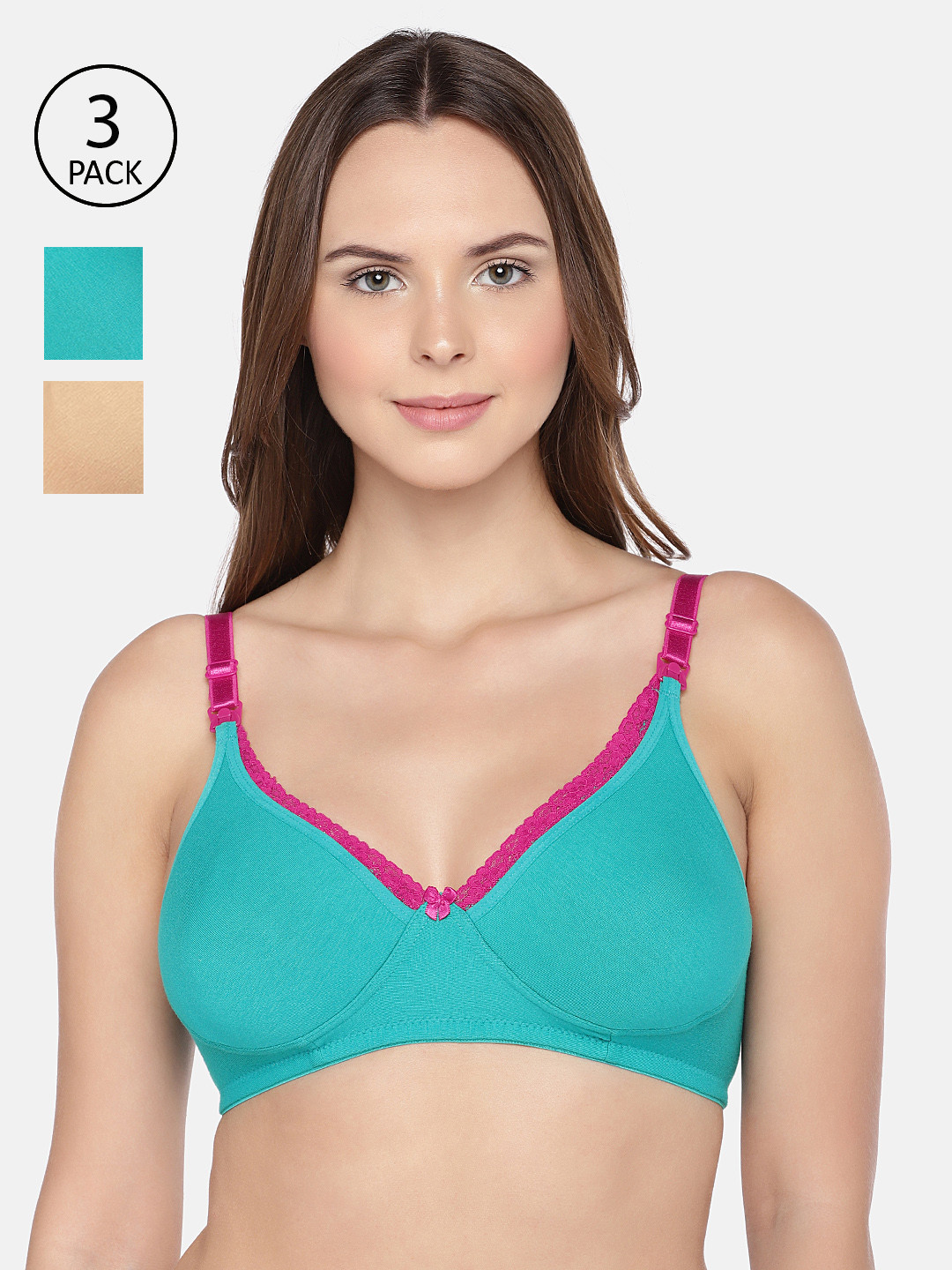 Inner Sense Pack of 3 Blue & Beige Solid Non-Wired Non Padded Organic Maternity Bra