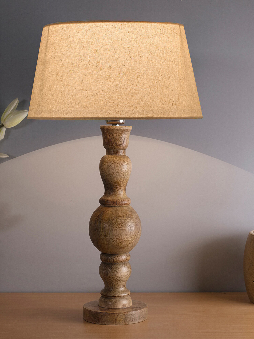 Homesake Beige & Off-White Solid Contemporary Bedside Smart Lamp with Shade