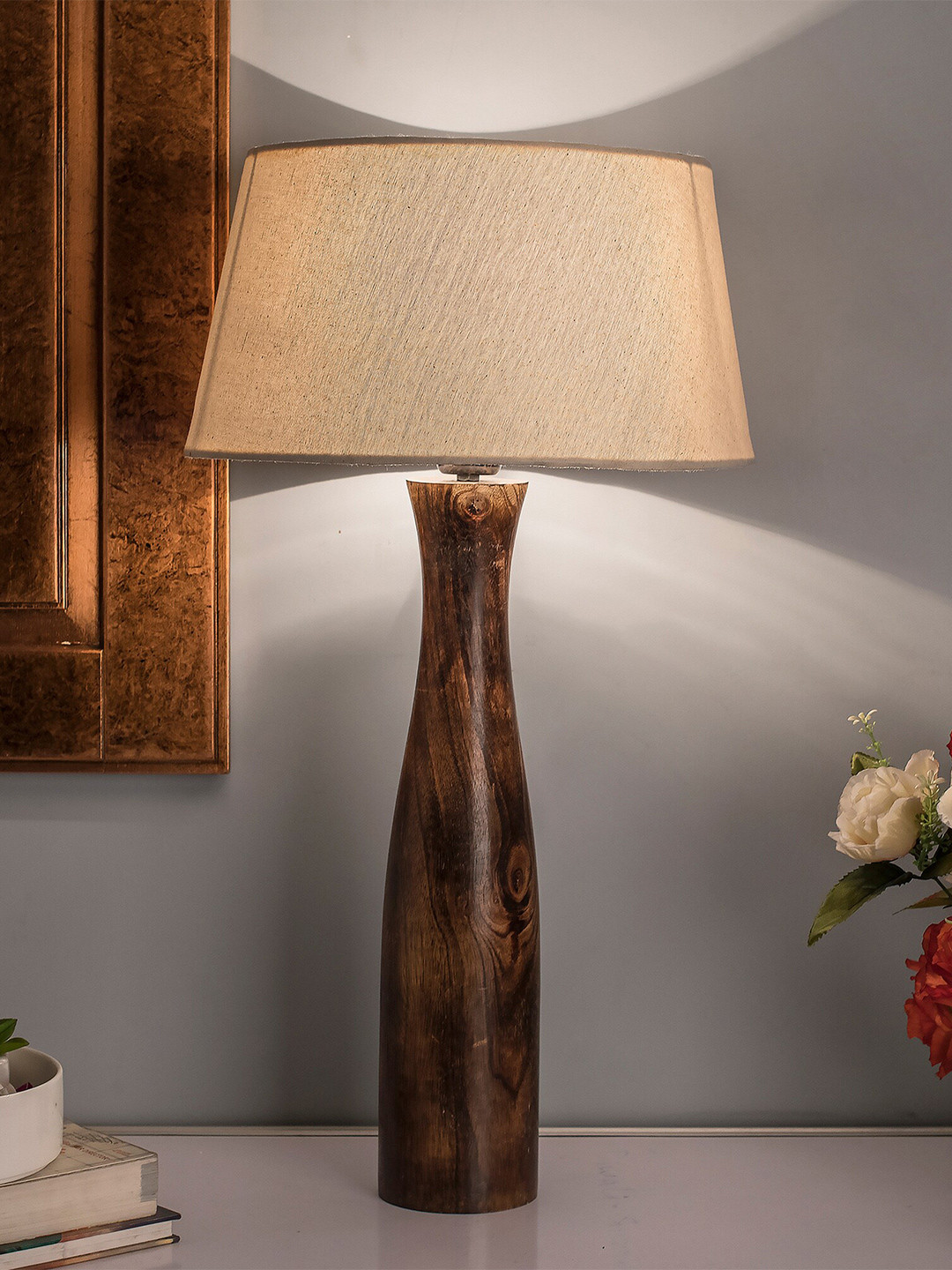 Homesake White & Brown Solid Contemporary Bedside Smart Lamp with Shade