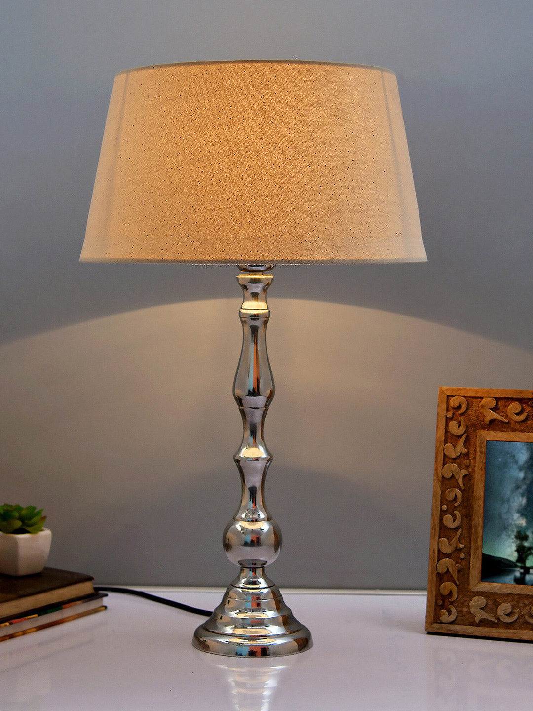 Homesake Silver-Toned & Off-White Solid Contemporary Bedside Smart Lamp with Shade