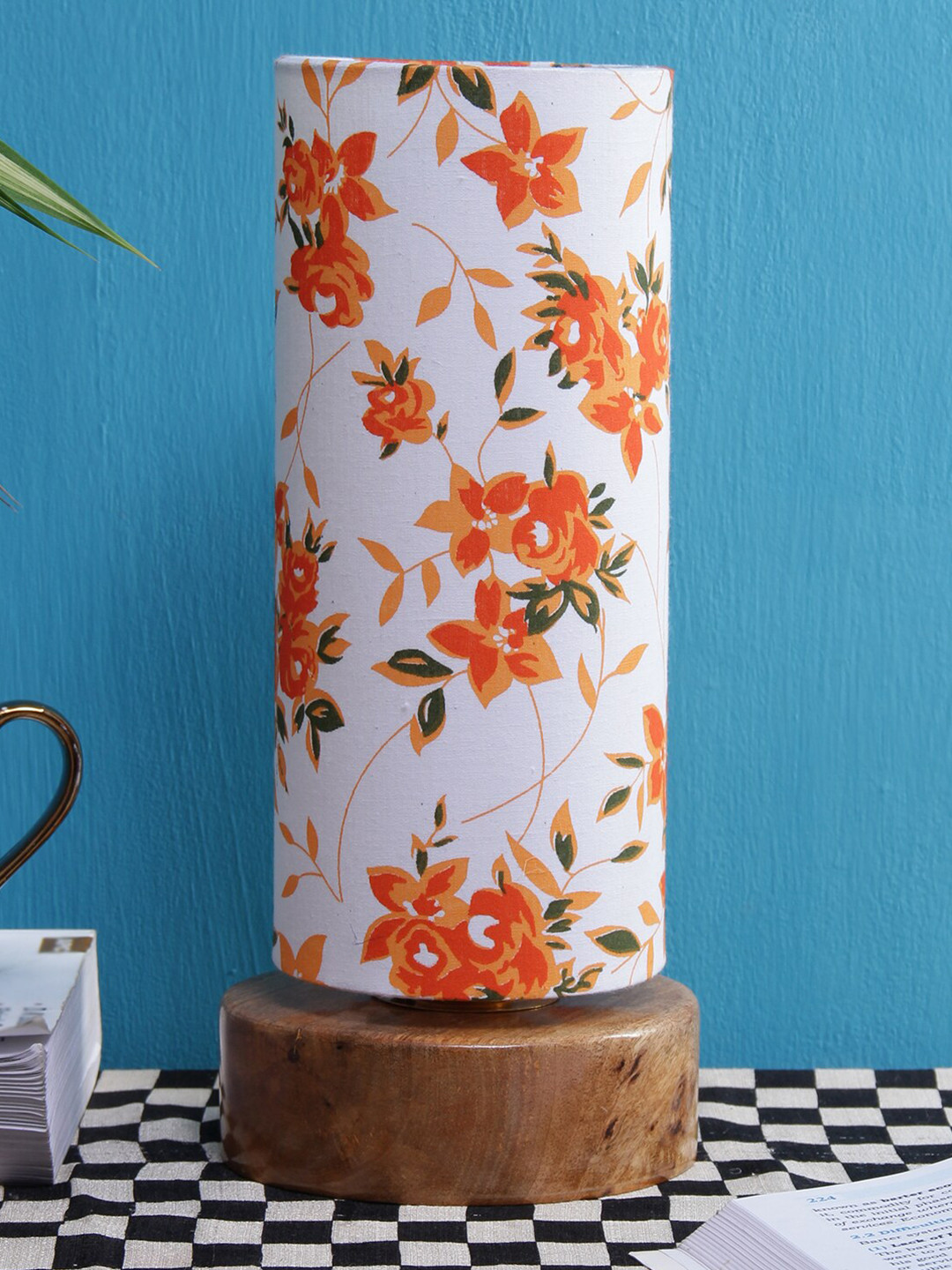Devansh White & Orange Printed Traditional Column Table Lamp with Shade