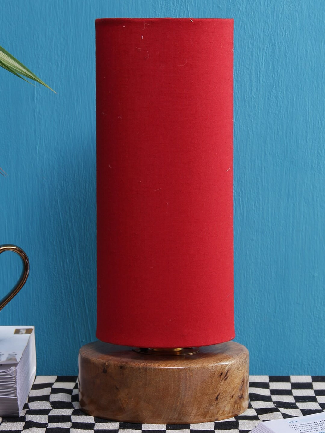 Devansh Red & Copper-Toned Solid Traditional Column Table Lamp with Shade