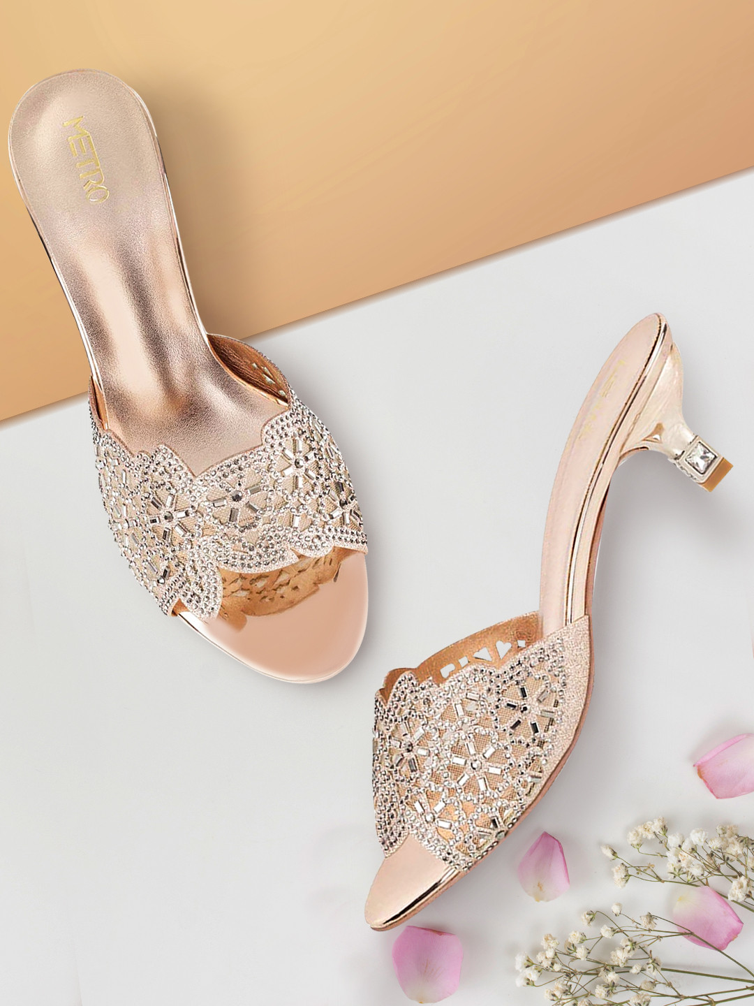 Metro Women Tan Woven Design Peep Toes Heels