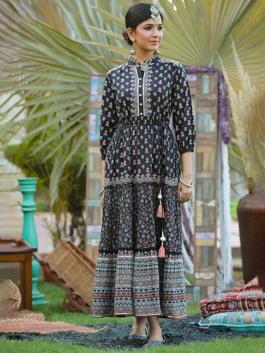Juniper Black & White Pure Cotton Ethnic Maxi Tiered Dress