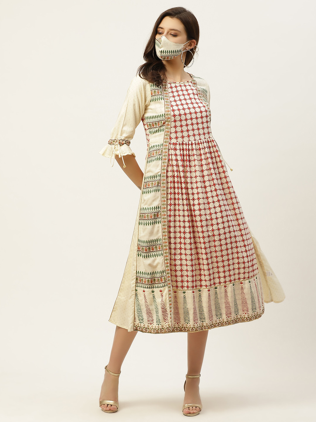 Juniper Cream-Coloured & Maroon Ethnic Motifs Ethnic A-Line Midi Dress