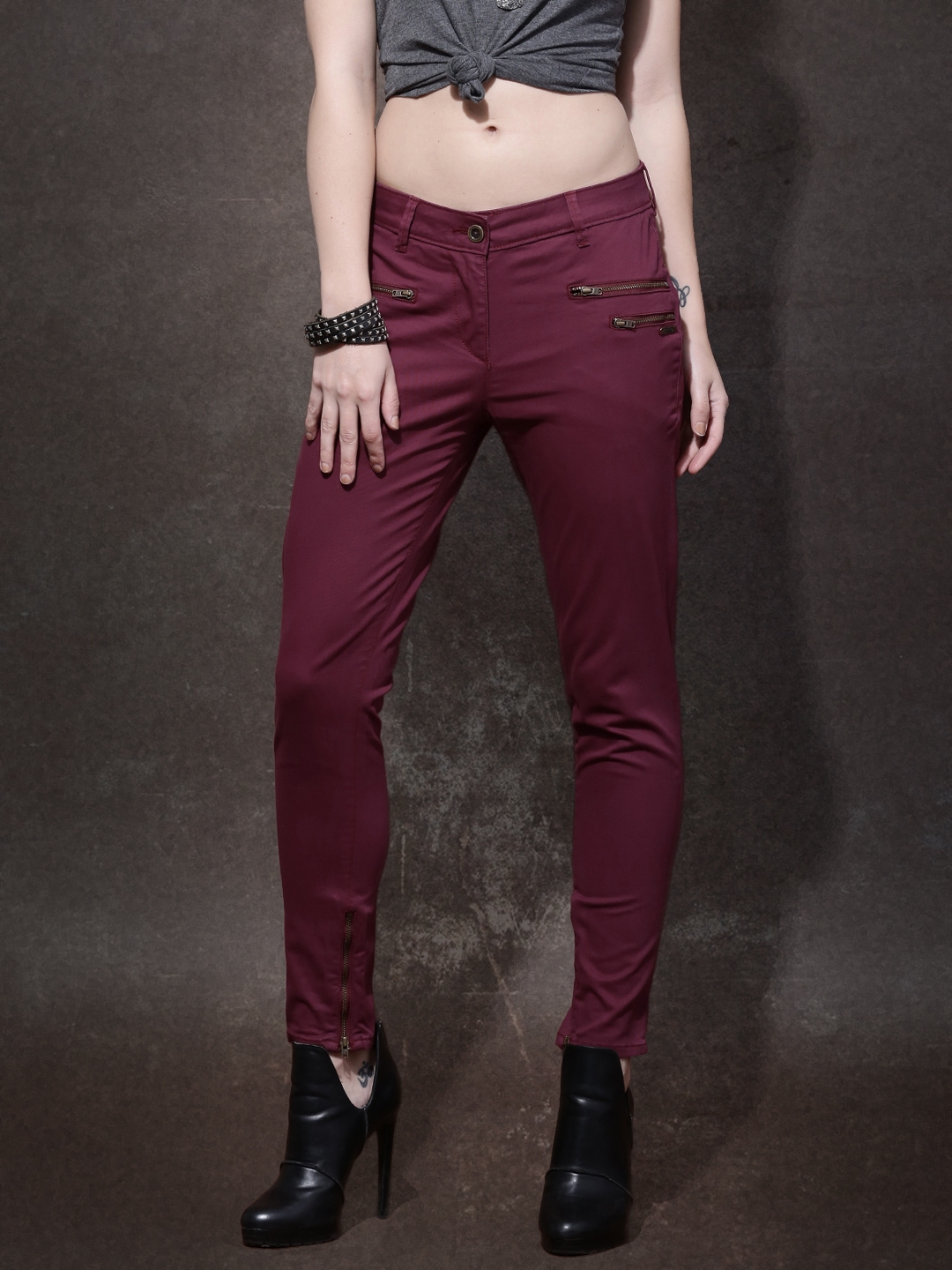 PullBear faux leather skinny trousers in burgundy  ASOS