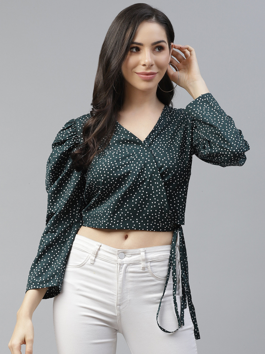 plusS Green & White Puff Sleeve Wrap Crop Top