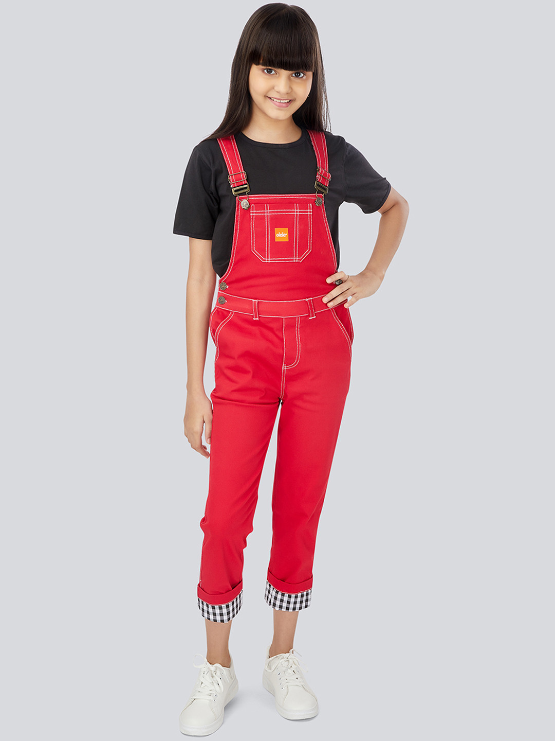 Olele Girls Red Cotton Solid Straight-Leg Denim Dungarees