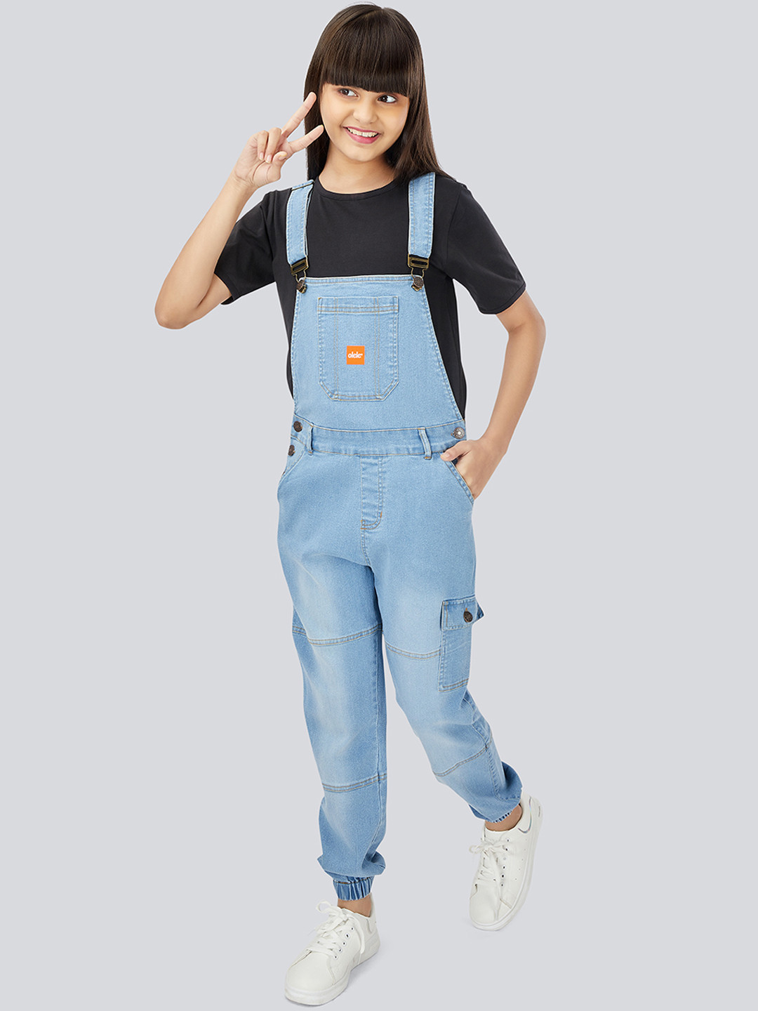 Olele Girls Blue Washed Cotton Denim Dungarees