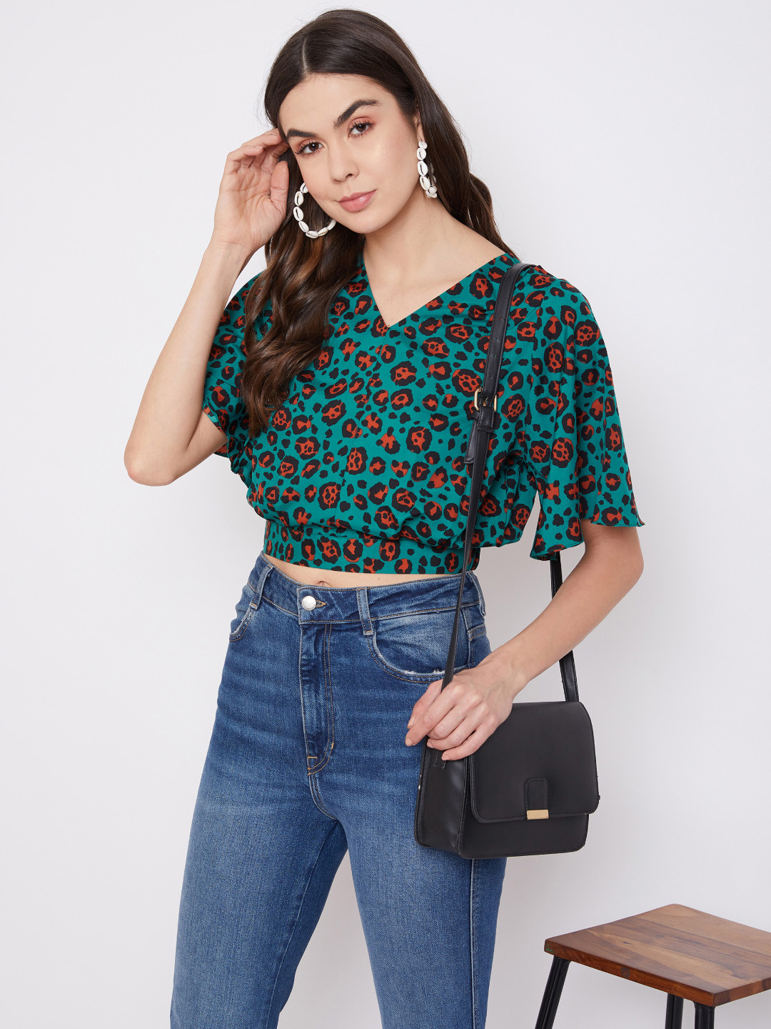 Uptownie Lite Green Animal Printed Flared Sleeves Crepe Wrap Crop Top