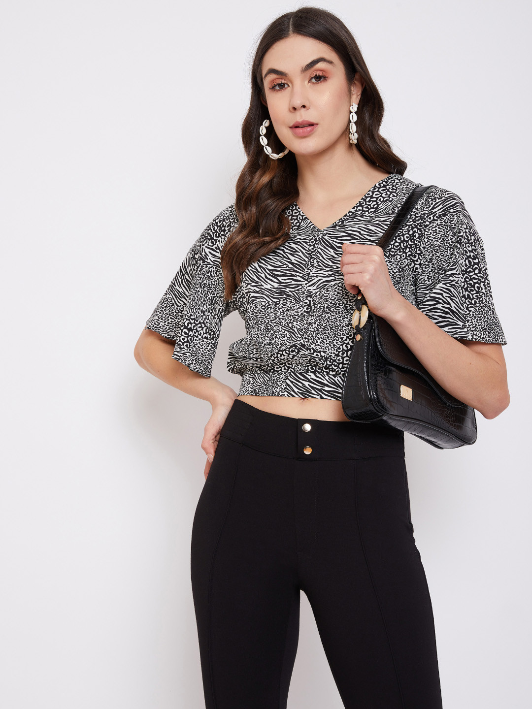 Uptownie Lite Black Animal Printed Kimono Sleeves Blouson Crop Top