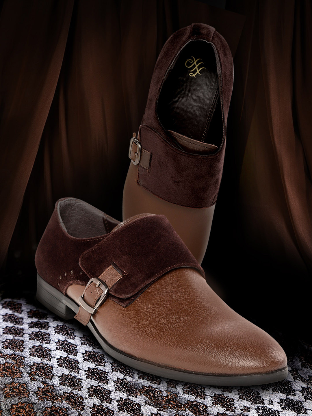 House of Pataudi Men Brown Solid Handcrafted Formal Monk Shoes with Pouch & Suede Finish