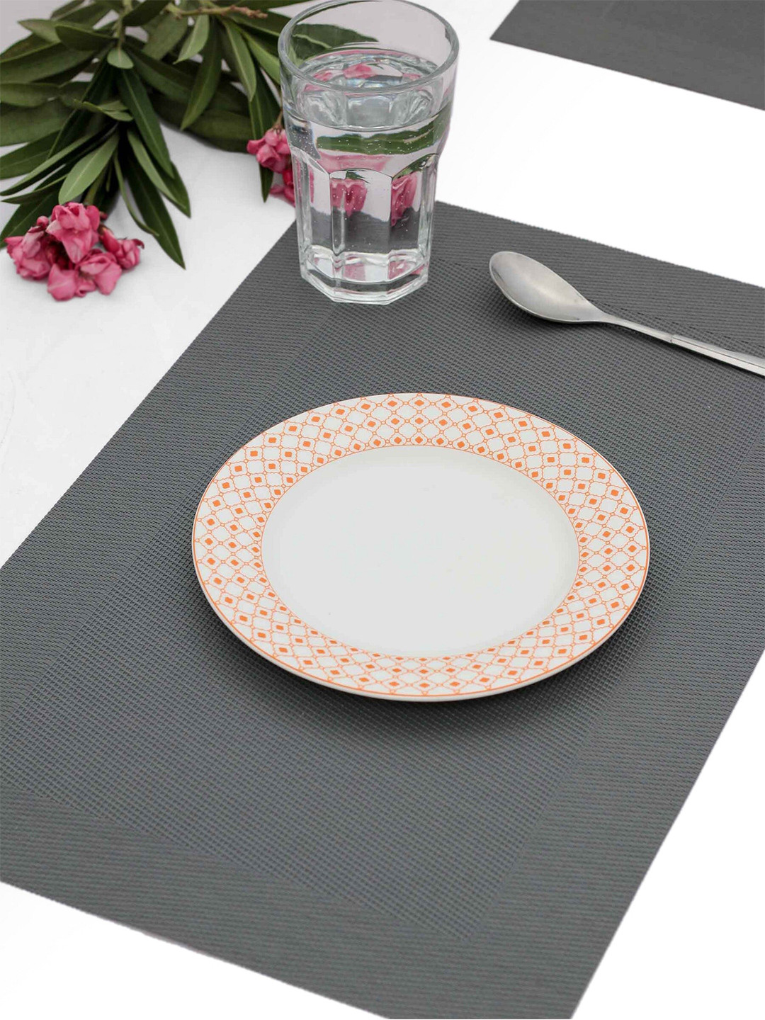 CLAY CRAFT  Set of 2 White & Orange Floral Ceramic Quarter Plates