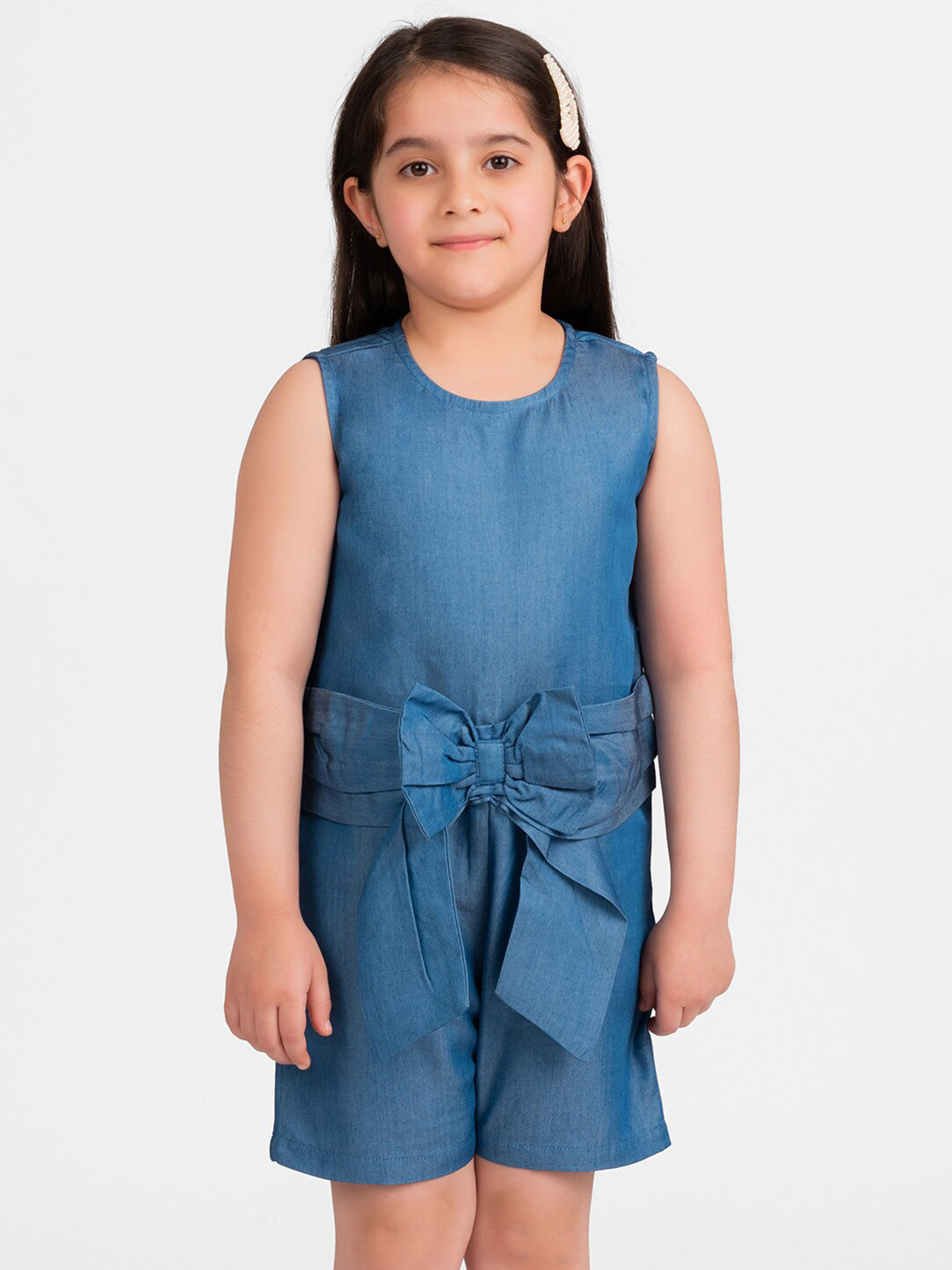 KIDKLO Girls Blue Solid Cotton Basic Jumpsuit