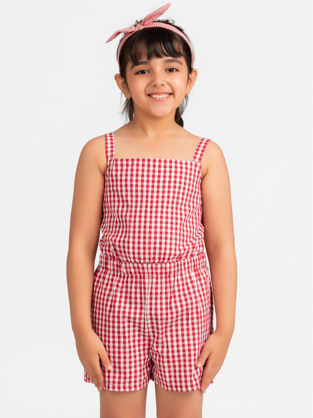 KIDKLO Girls Red & White Checked Basic Jumpsuit