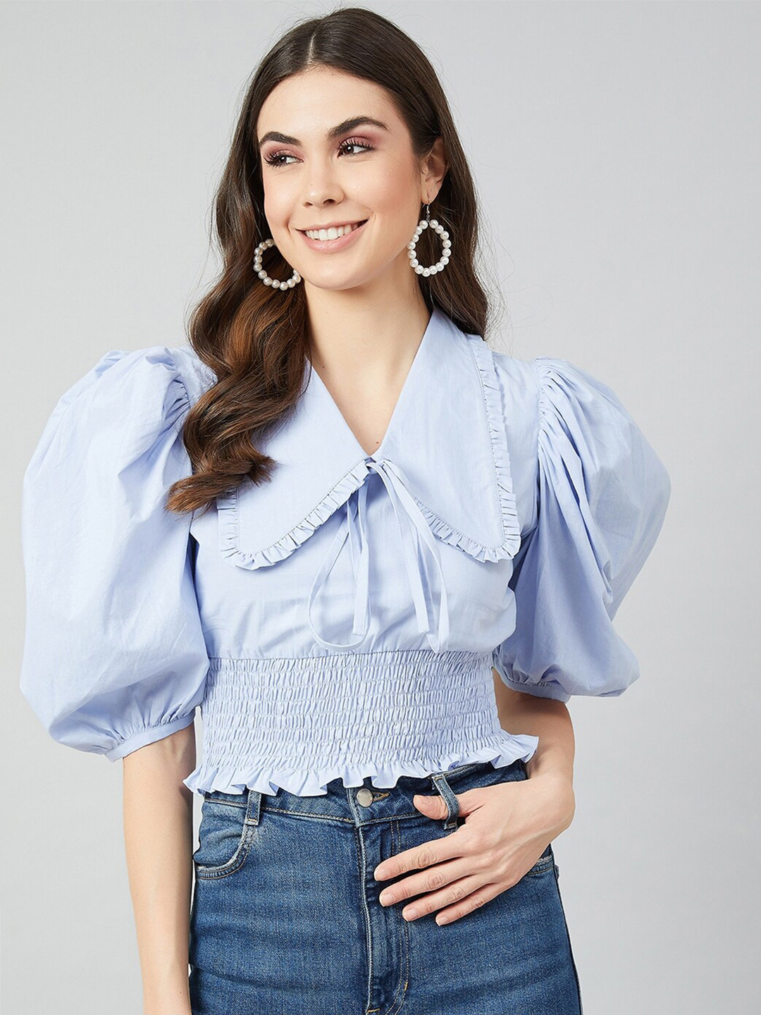 Athena Blue Smocked Peter Pan Collar Top