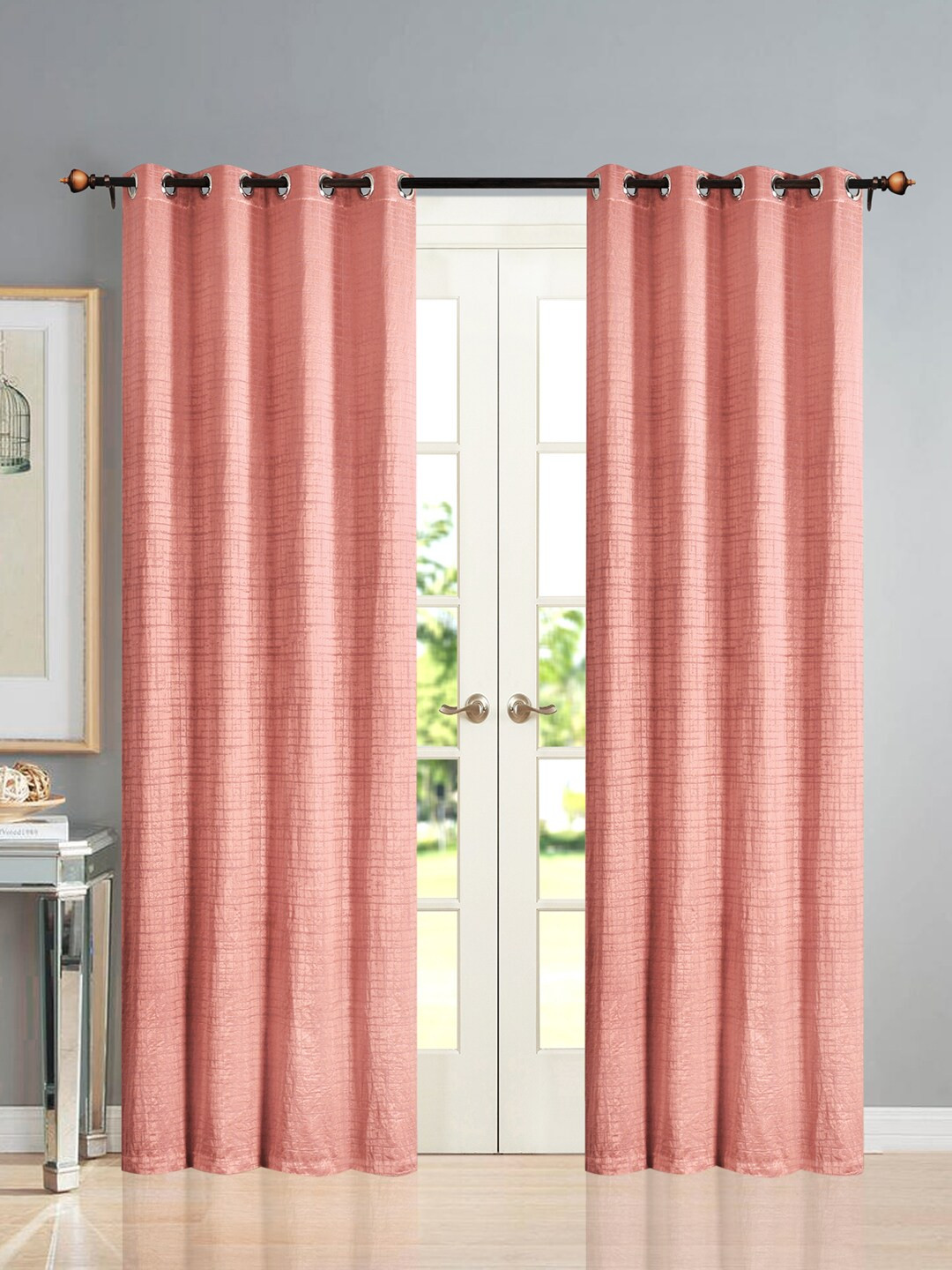 Deco Window Peach-Coloured Set of 2 Printed Long Door Curtains