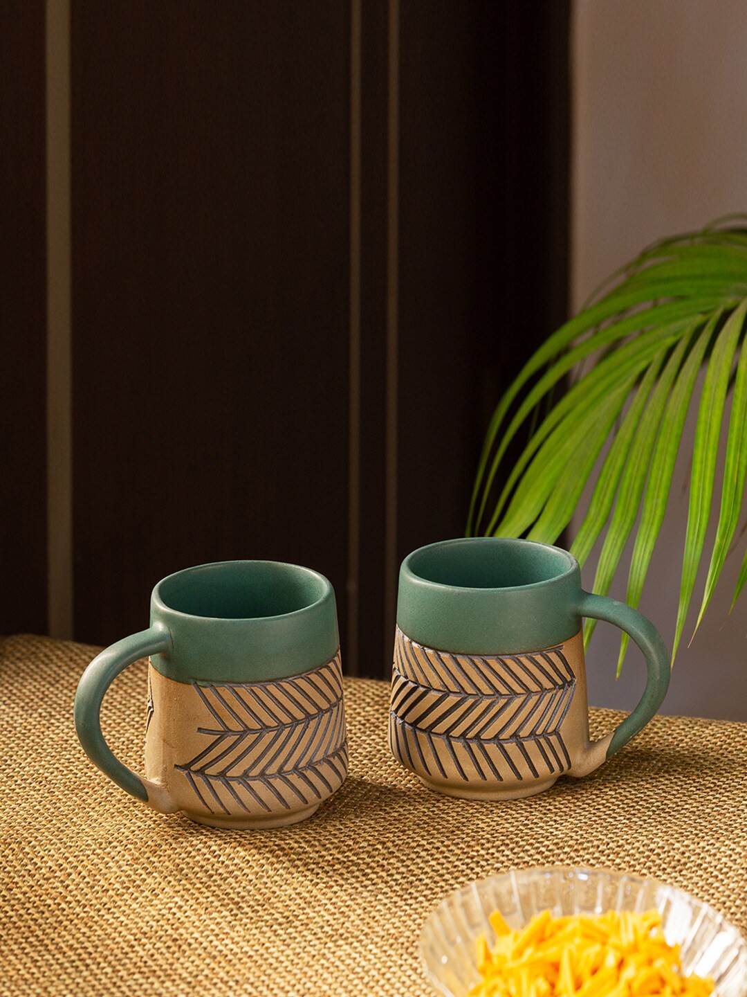 ExclusiveLane Beige Textured Ceramic Handcrafted 2 Piece Mugs-280ml