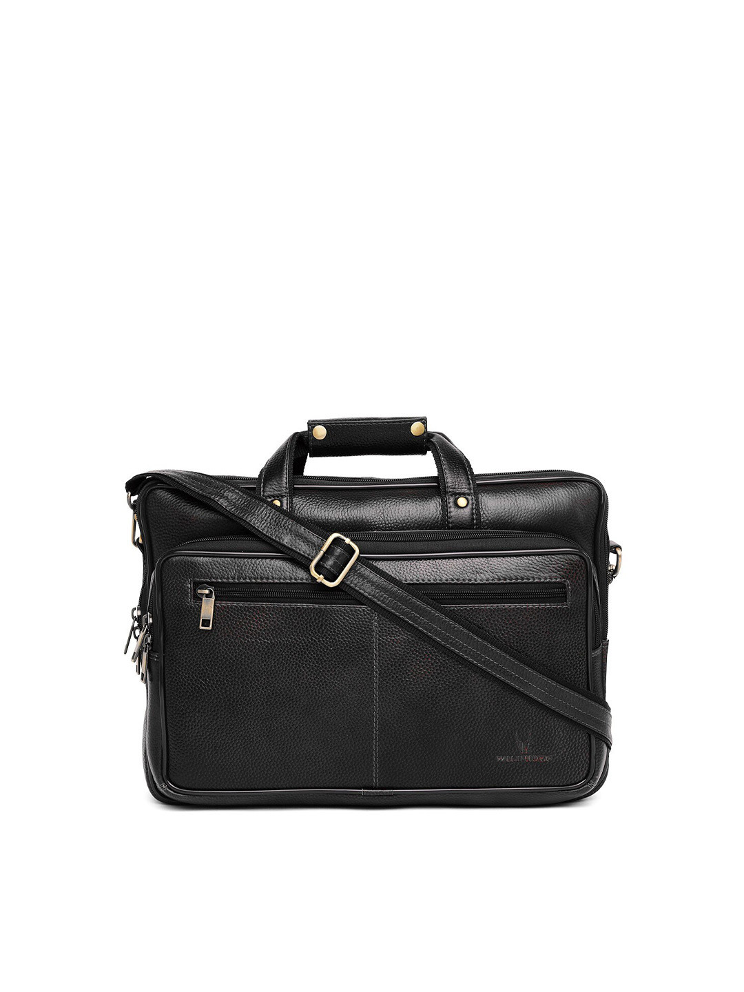 WildHorn Men Black Textured Genuine Leather Laptop Bag