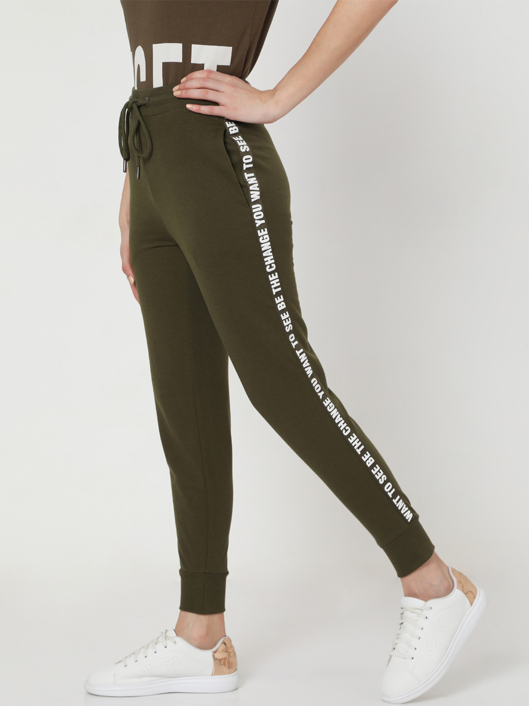 Vero Moda Women Olive Green Solid Joggers with Side Taping