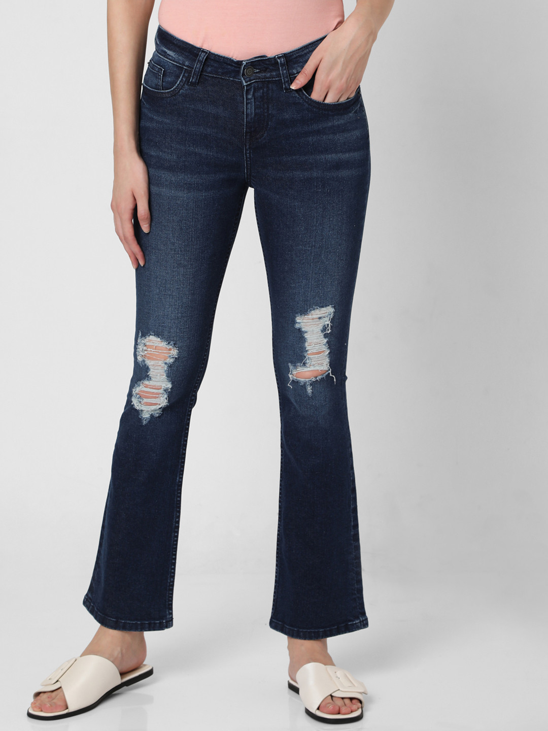 Vero Moda Women Blue Bootcut Highly Distressed Light Fade Stretchable Jeans