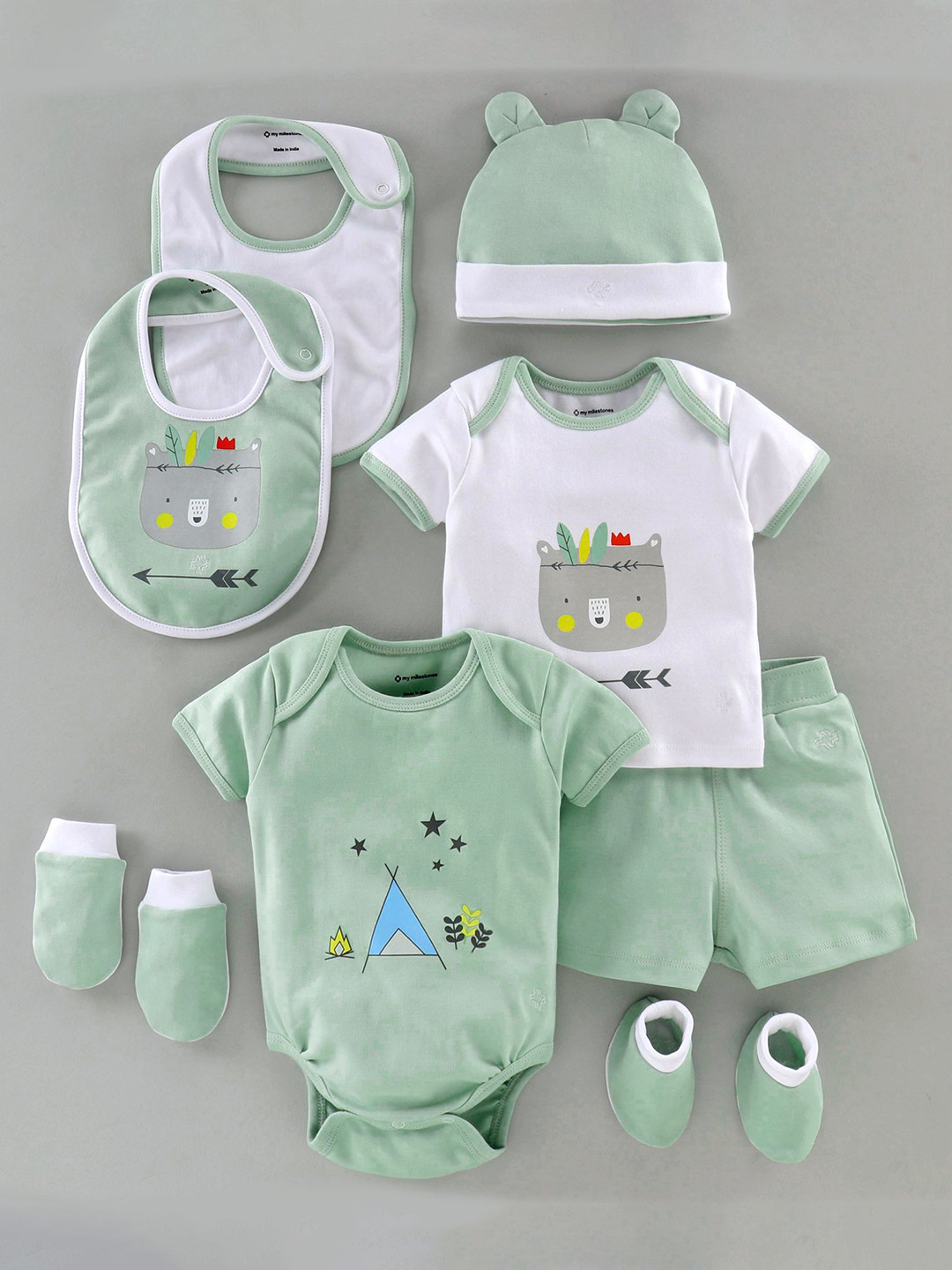 My Milestones Infant Boys Pack Of 8 Sea Green & White Solid Essentials Gift Set