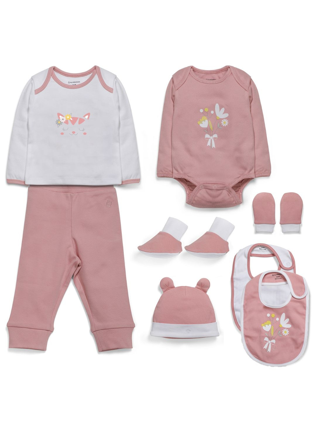 My Milestones Infant Girls Peach-Color & White 8 Pcs Apparel Gift Set