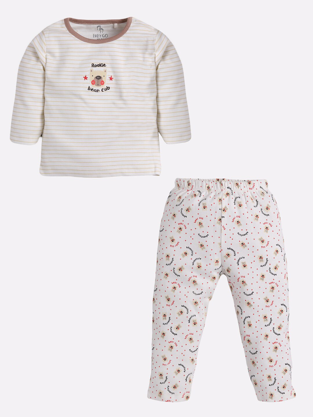 BABY GO Unisex Kids White & Beige Striped T-shirt with Trousers