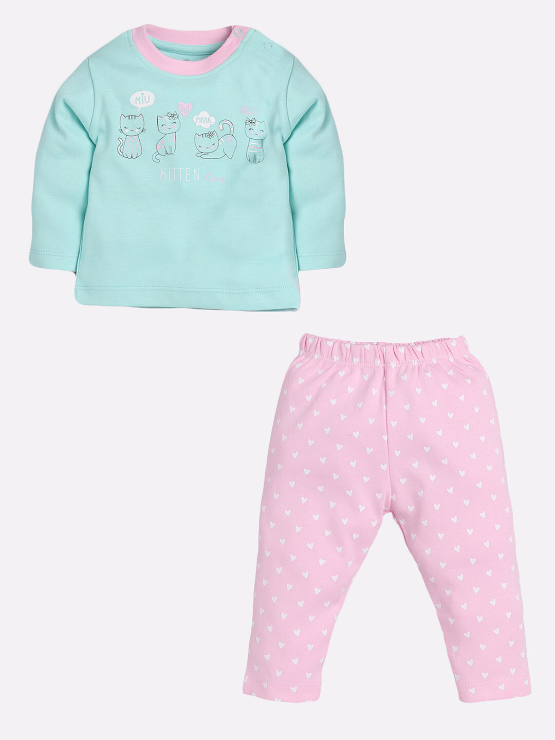 BABY GO Unisex Kids Sea Green & Pink Printed Pure Cotton Top with Pyjamas