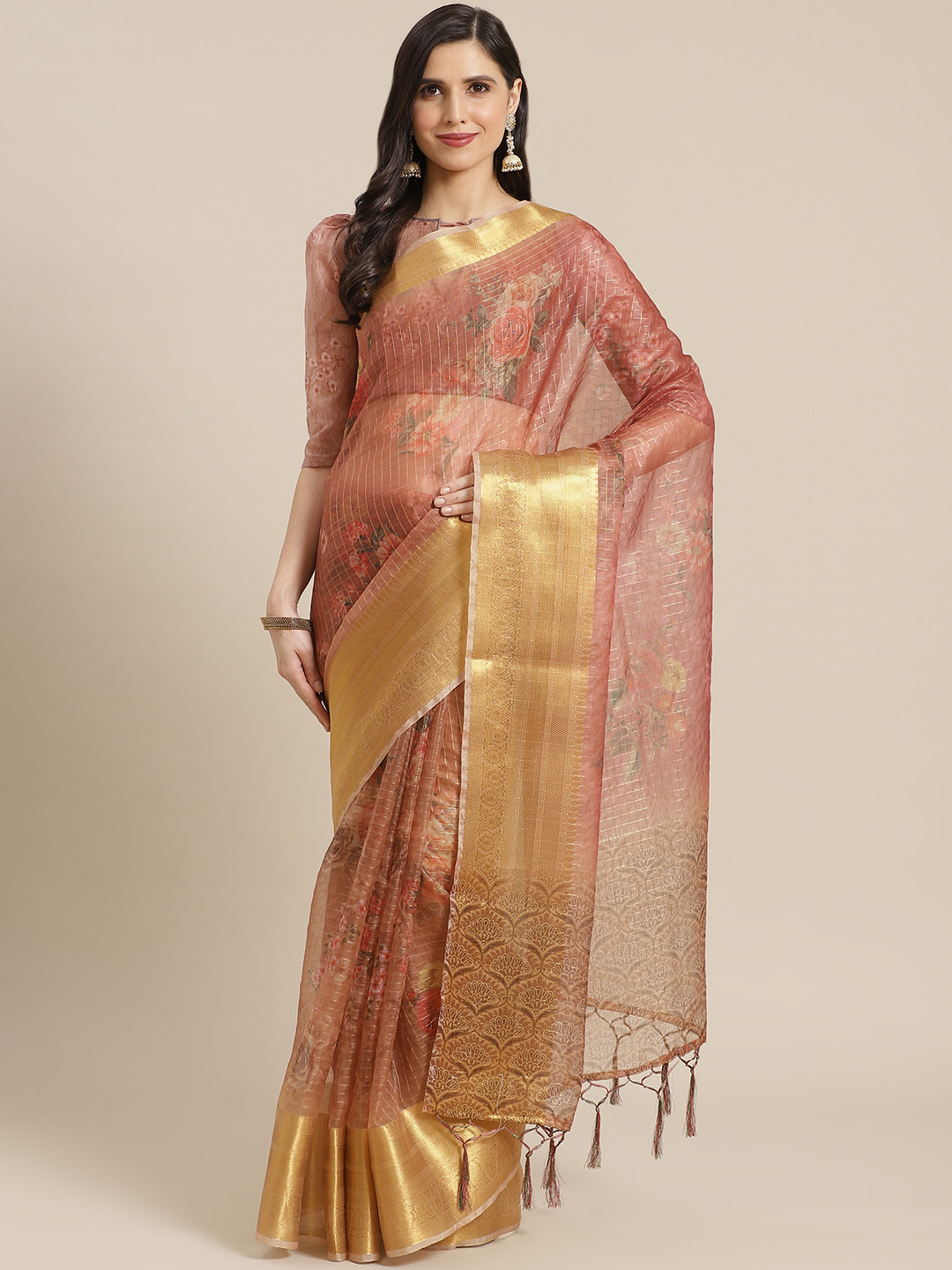 Mitera Pink & Golden Floral Zari Organza Saree