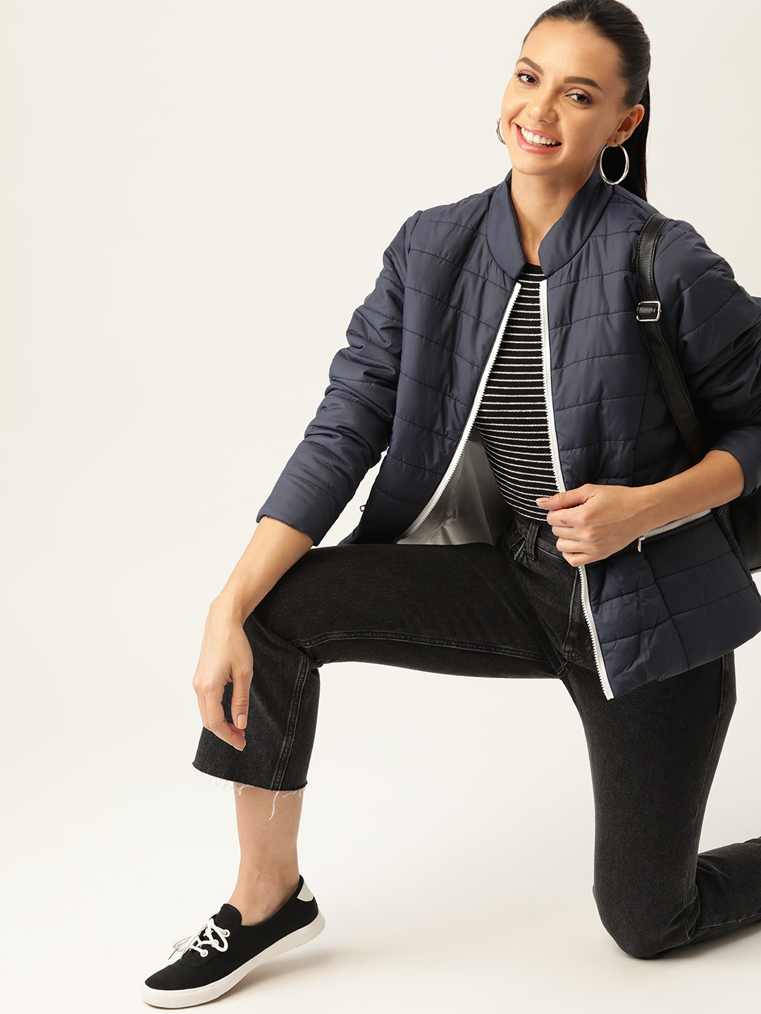 DressBerry Women Navy Blue Solid Padded Jacket