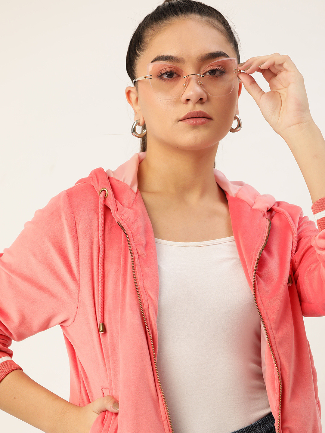 DressBerry Women Pink Velvet Finish Hooded Bomber Jacket