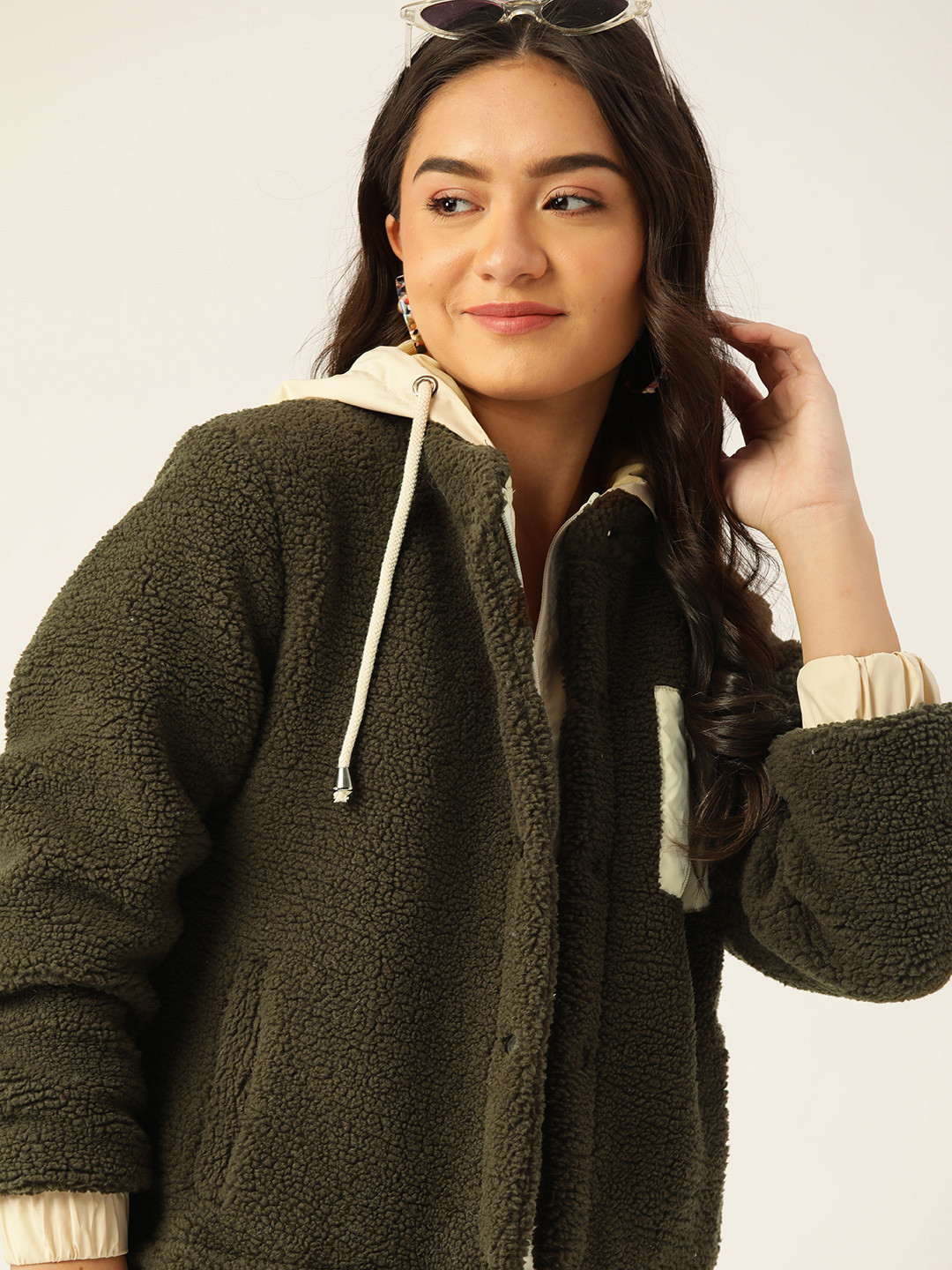 DressBerry Women Olive Green Pure Cotton Solid Hooded Sherpa Jacket